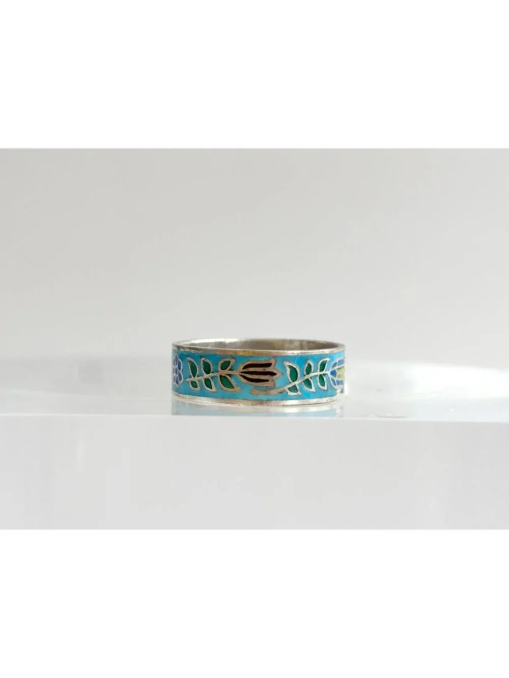 Cloissone Enameled Floral Thailand Made Sterling Silver 925 Vintage Ring - sz 7